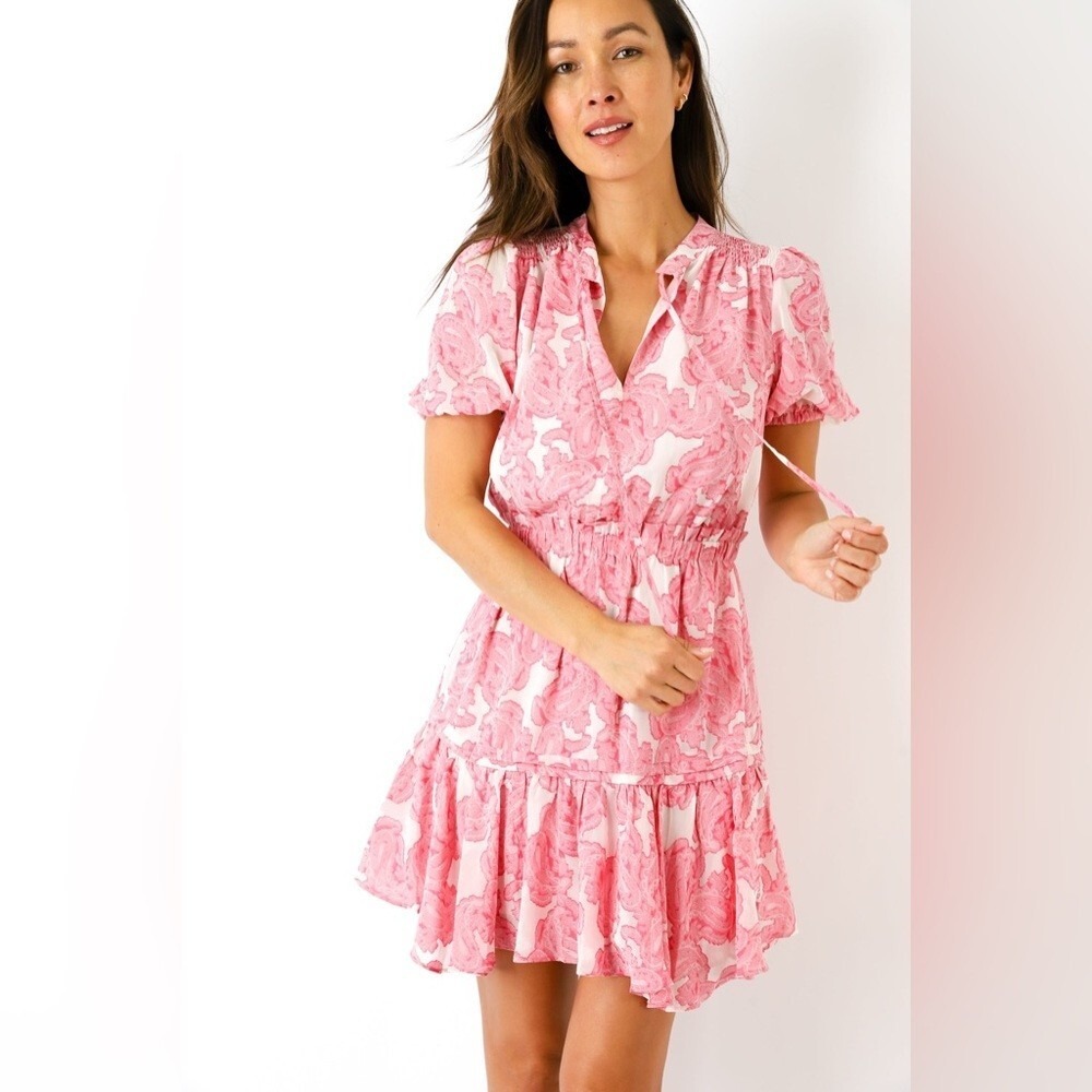 Current Air Mini Dress Medium Pink Abstract Paisley Balloon Sleeve Boho Cottage